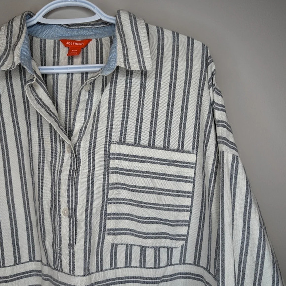Joe Fresh Striped White & Grey 100% Cotton  Long Sleeve Partial Button Down M - Picture 5 of 8